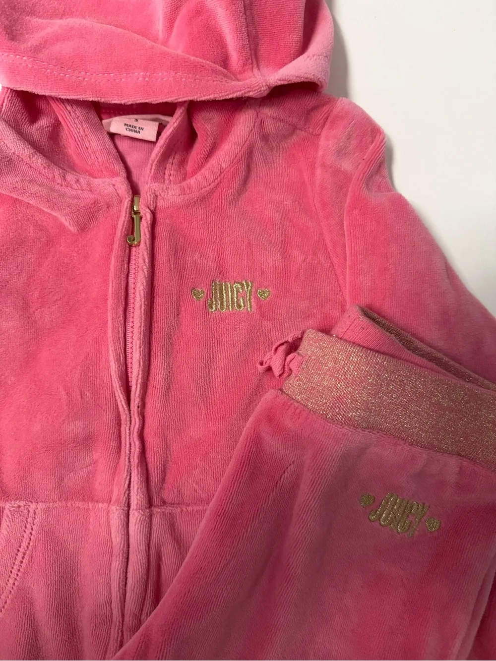 Juicy Couture Pink Velour Zip Hoodie and Pants Track suit with Gold Zipper